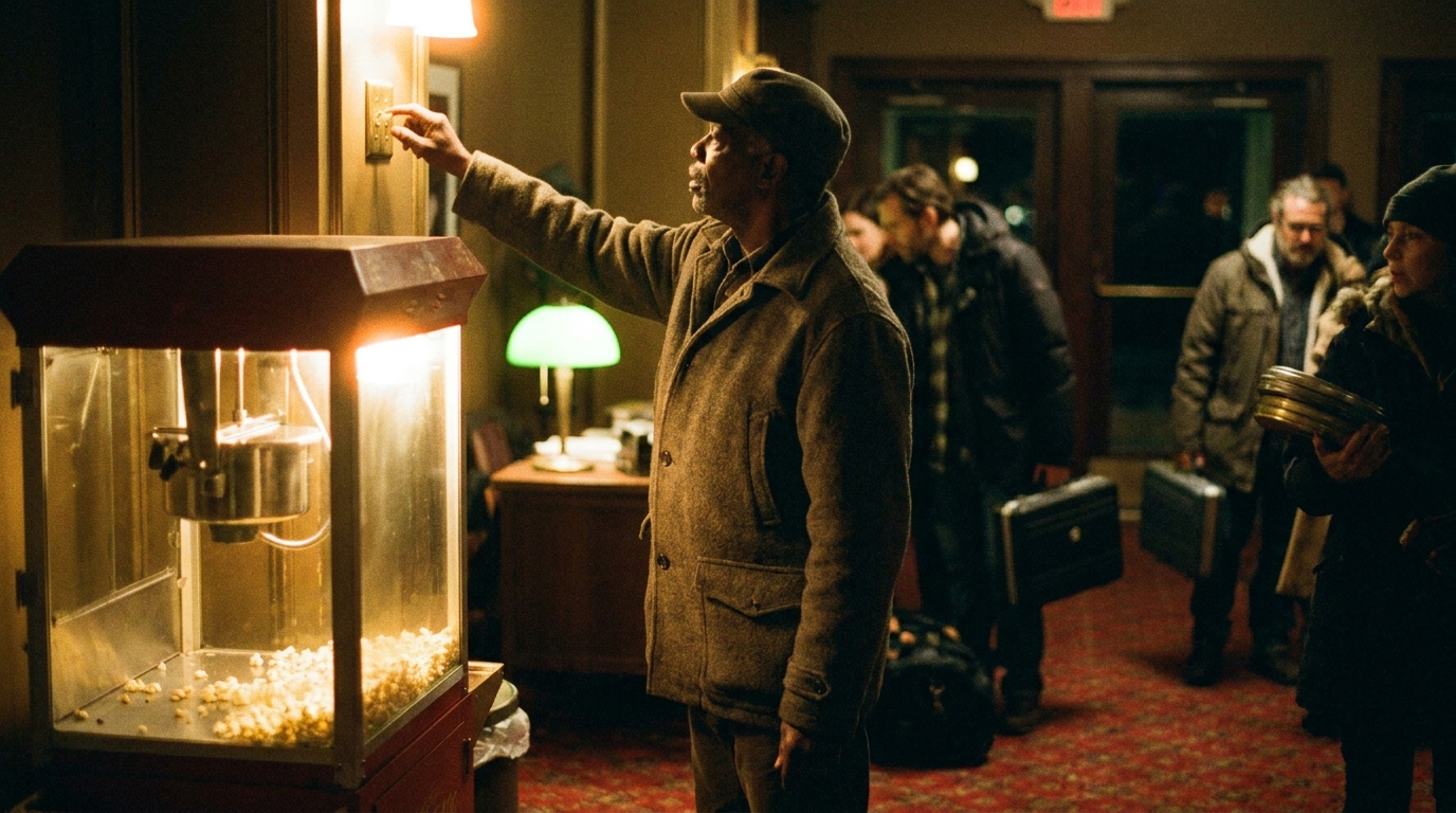 A theater owner turning on the lobby lights
