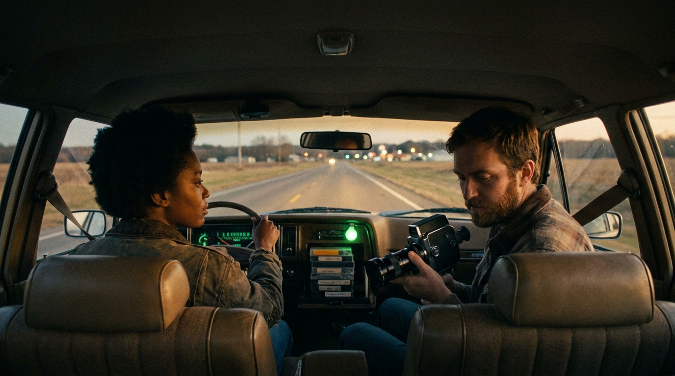 A car loaded with film gear on a two-lane highway at golden hour