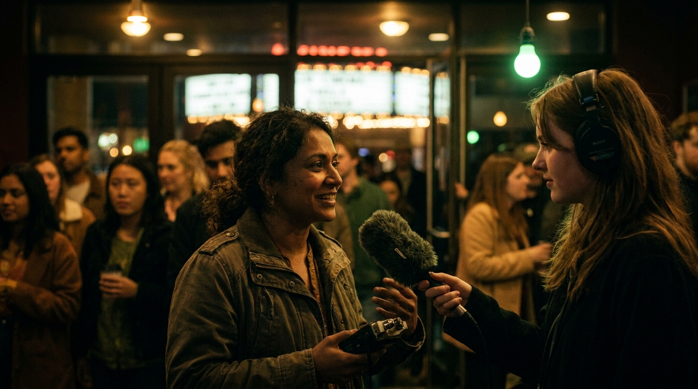 A filmmaker interviewed for a podcast in the lobby after a screening
