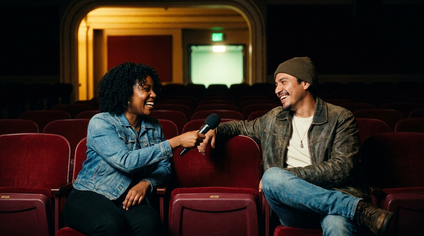 A podcaster interviewing a director in theater seats before a screening